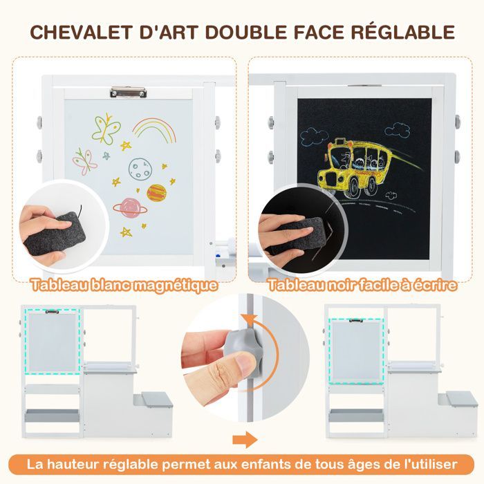 Mesa infantil GOPLUS para mayores de 3 años con silla y pizarra blanca negra ajustable + almacenamiento - Rollos de papel intercambiables, gris y blanco