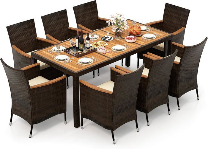 COSTWAY 8-Seater Rattan Garden Furniture Set, 1 Table and 8 Stackable Acacia Wood Chairs, Removable Cushions, Black
