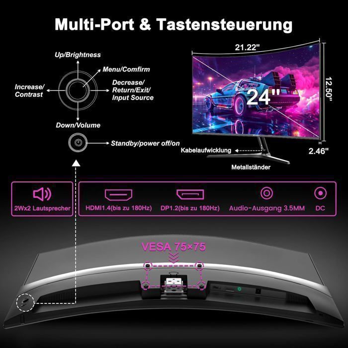 Minifire 24-inch Curved Gaming Monitor, 180Hz 1ms FHD with 1500R Speaker, Adaptive Sync, Adjustable Tilt, HDMI 1.4 DP 1.2