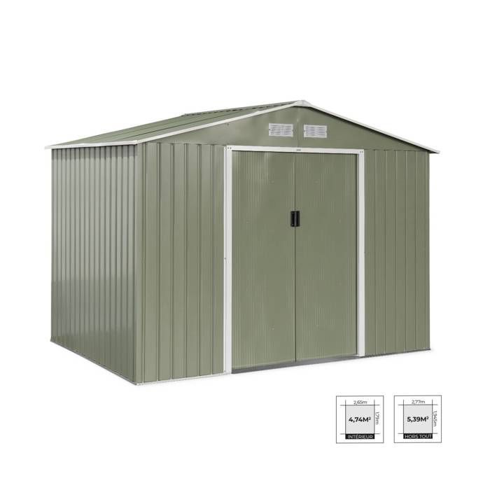 Abri de jardin en métal - FERRAIN 5.29m² vert et blanc - Cabane à outils avec deux grandes portes coulissantes. kit de fixation