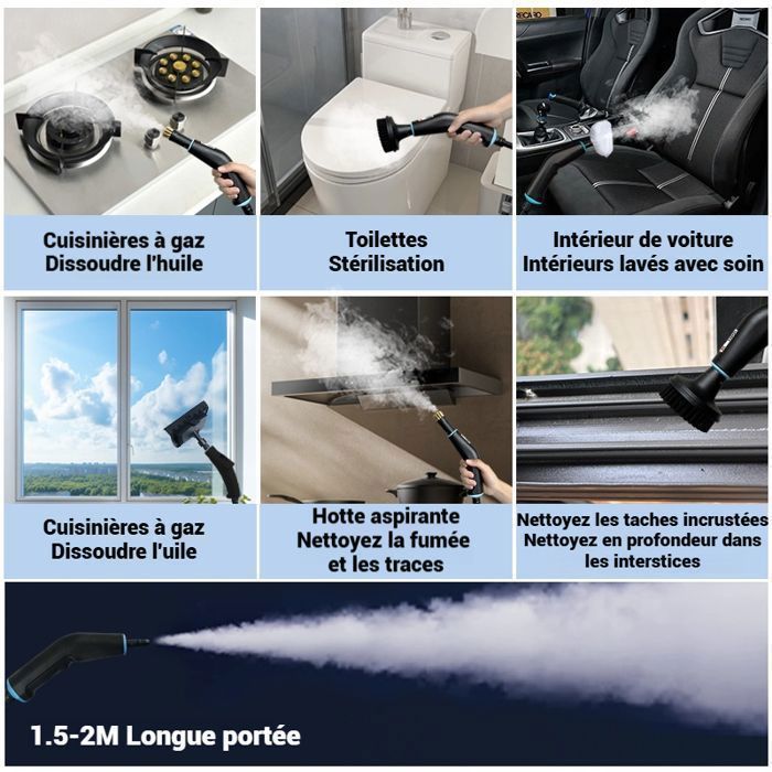 Nettoyeur Vapeur Portable - 105°C - 8 Buses - Haute Pression 4bar - Réservoir 1250ml