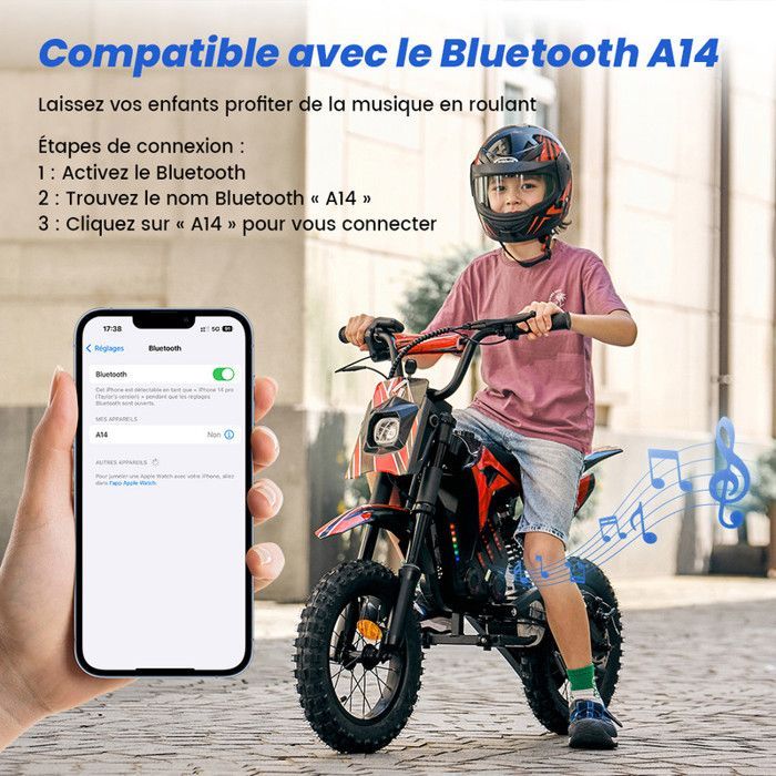 Motocicleta elétrica infantil A14 vermelha, 500 W, 3 velocidades (8-27 km/h), pneus todo-terreno de 14 polegadas, autonomia de 22 km, Bluetooth.