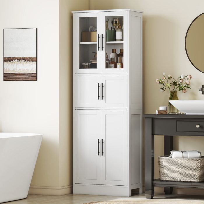 Badkamerkast - HOMCOM - 6 planken - 6 deuren, waarvan 2 van glas, verstelbare planken - MDF - 60x30x170cm - wit