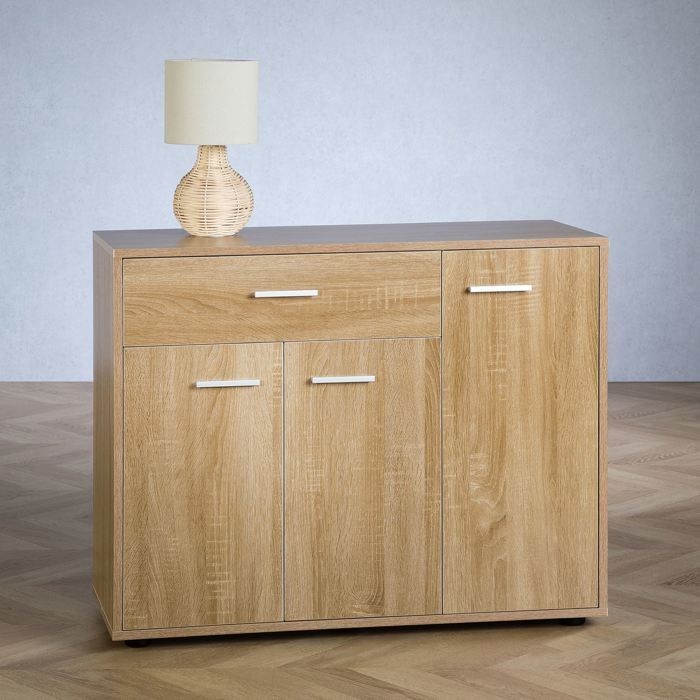 Zapatero CAMILLE, cómoda/mueble de almacenamiento con 1 cajón y 3 puertas, en melamina efecto roble Sonoma.