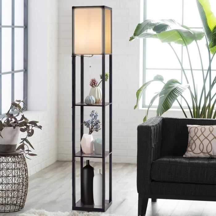 COSTWAY Lampadaire Salon avec 3 Etagères de Stockage en Bois 26 x 26 x 160 cm Lampe sur Pied Design Scandinave pour Chambre 60W