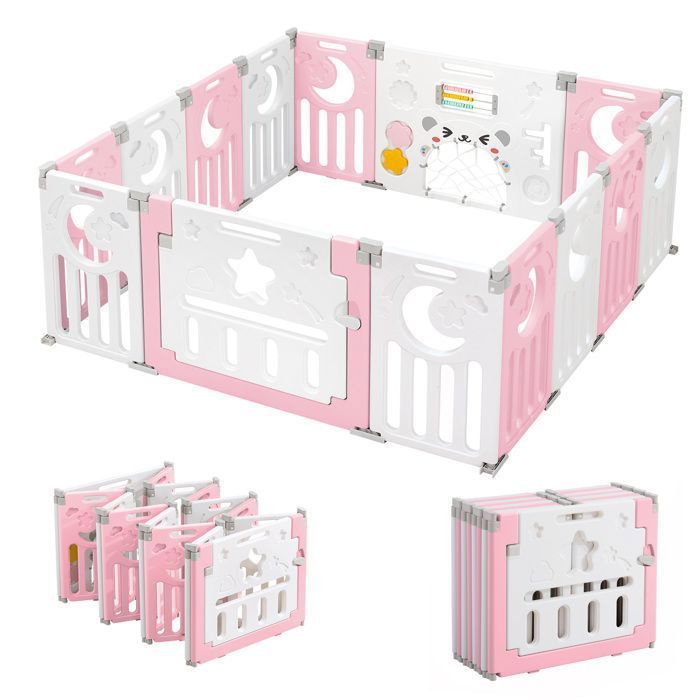 Parc Bebe 12+2 Panneaux, Parc XL Enfant Modulable Avec Verrouillage de Sécurité, Forme Réglable, Pliable, Barriere Bebe, Rose