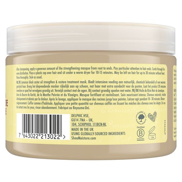 SheaMoisture jamajško črno ricinusovo olje za krepitev in obnovo kože, maska za obraz, 355 ml