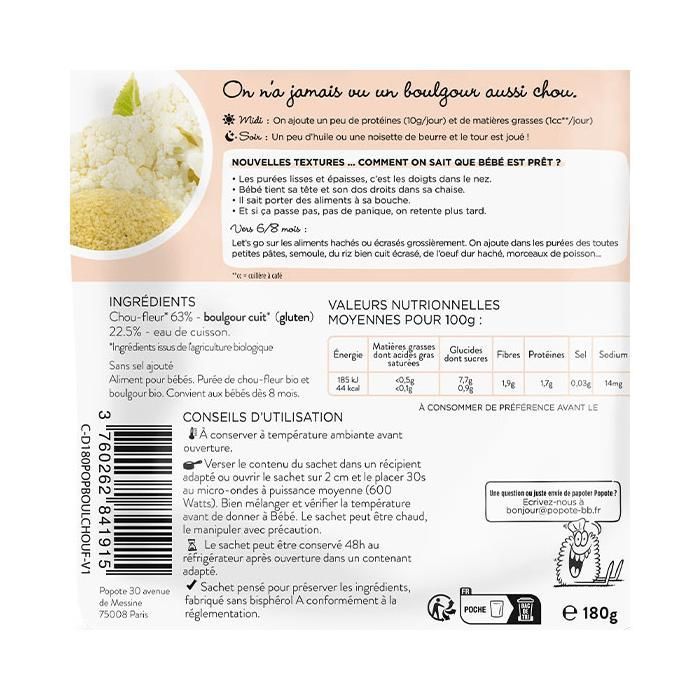 Popote les Moulinés Cauliflower Bulgur +8 months Organic 180g