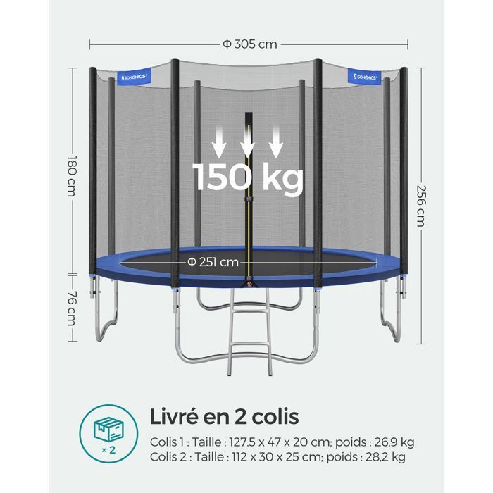 Cama elástica de Ø 305 cm con red, escalera, almohadilla de seguridad, carga máxima 150 kg.