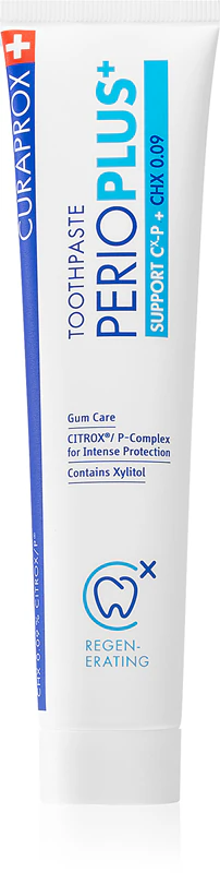 Creme dental Curaprox Perio Plus+ Support 0,09 CHX contra sangramento gengival e periodontite.