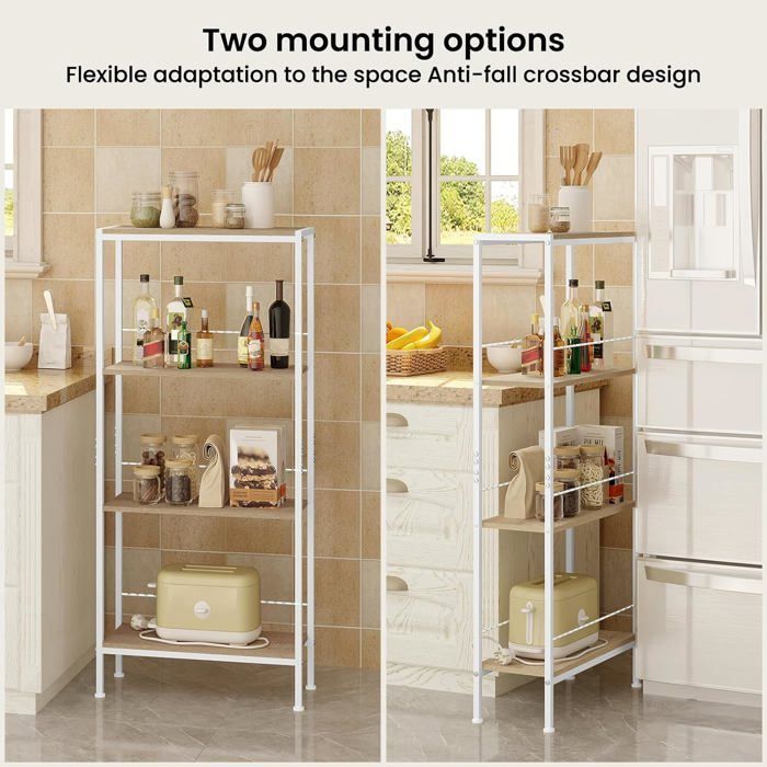 WOLTU Étagère Étroite à 4 Niveaux, Étagère Angle pour Cuisine, Salon, en MDF, Cadre Métallique, Chêne Clair+Blanc, 50x20x110cm