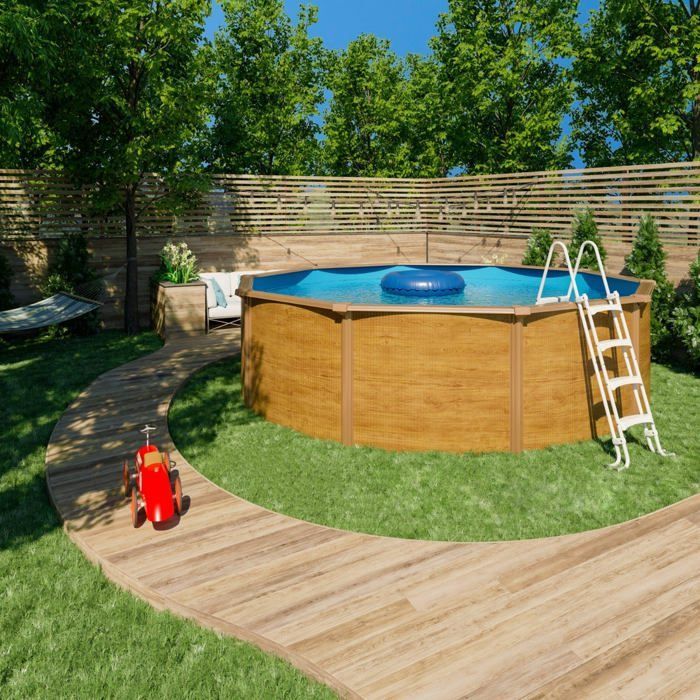 Piscina redonda elevada de acero CANYON de Ø 4,55 x 1,20 m con aspecto de madera.