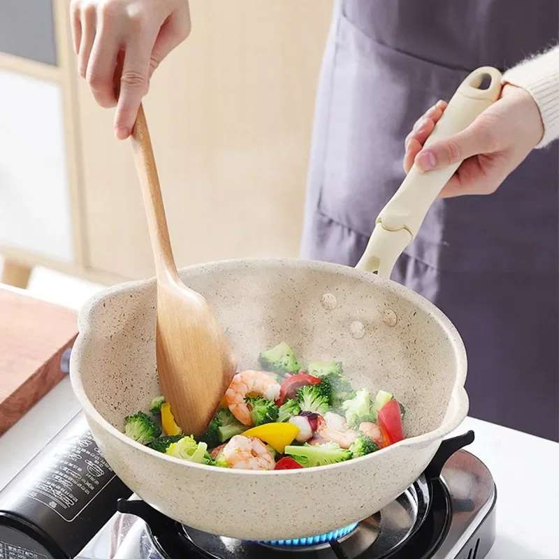 Wok en pierre Maifan, 20 cm, 24 cm, 26 cm, 28 cm, antiadhésif, avec couvercle, compatible avec les plaques à induction, ustensiles de cuisine.