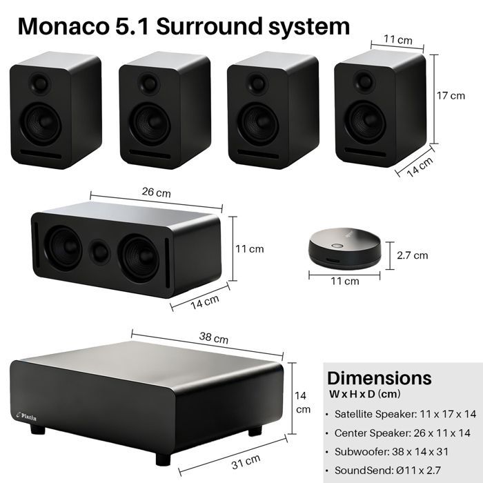 PLATIN Home Cinema System, 5.1 Stereo Surround Sound, Dolby Sound, App Control, WISA Certified, Black