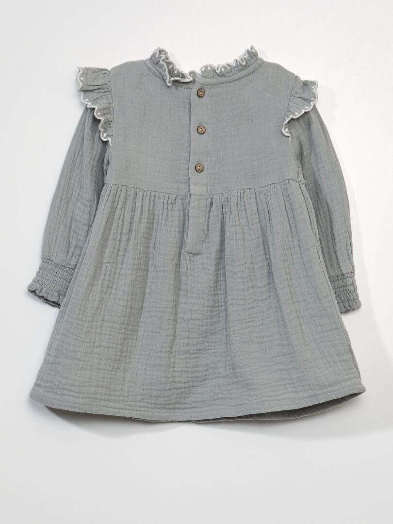 Jurk met lange mouwen van katoenen gaasstof - BLAUW