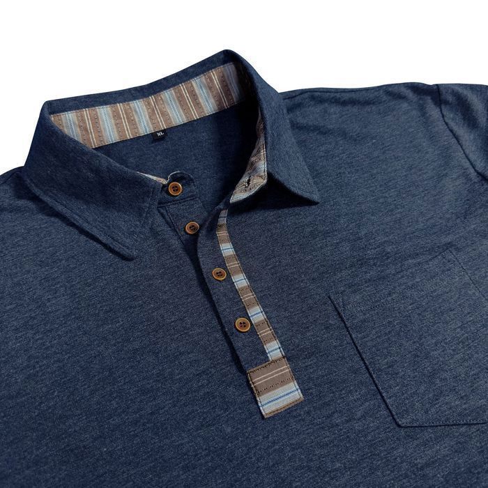 Men's Long Sleeve Regular Fit Polo Shirt with Pocket, Contrasting Colors, Spring and Autumn - EU Size - Navy Blue