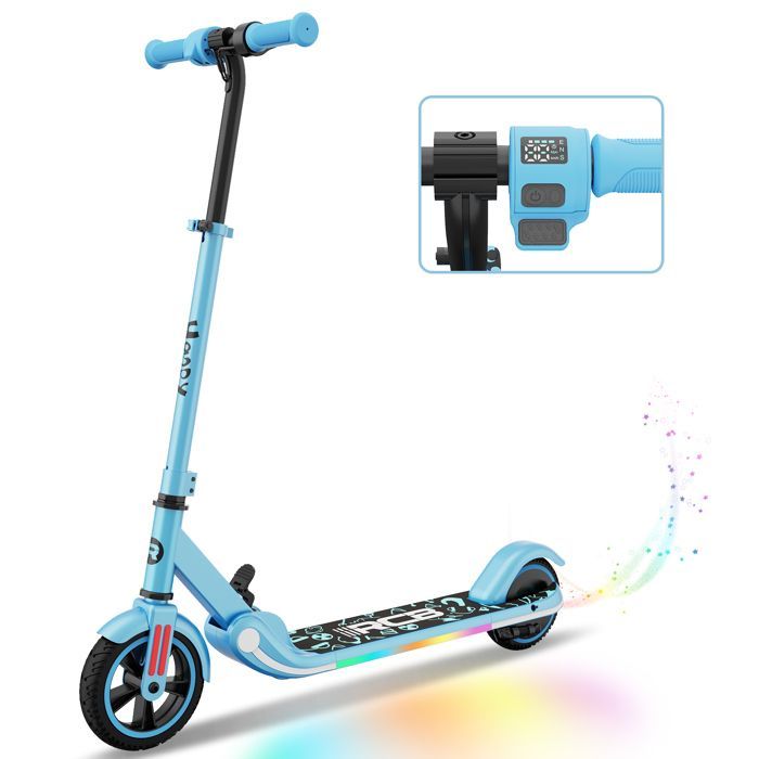 Monopattino elettrico per bambini RCB R11S, display a LED, luci al neon colorate, velocità e altezza regolabili, regalo ideale, blu