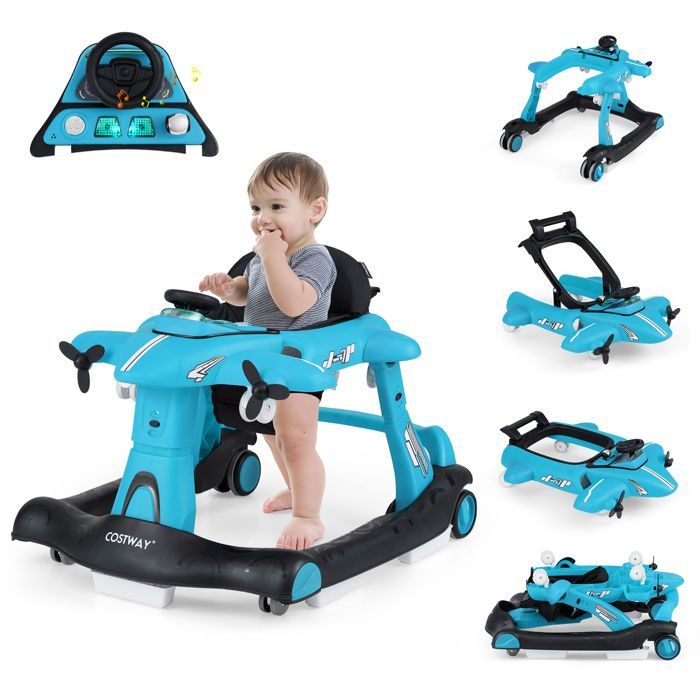 Andador plegable 6 en 1 para bebés COSTWAY - Diseño de avión - Altura ajustable - Caja de música con luces LED - Bandeja de alimentación - De 6 a 18 meses - Azul