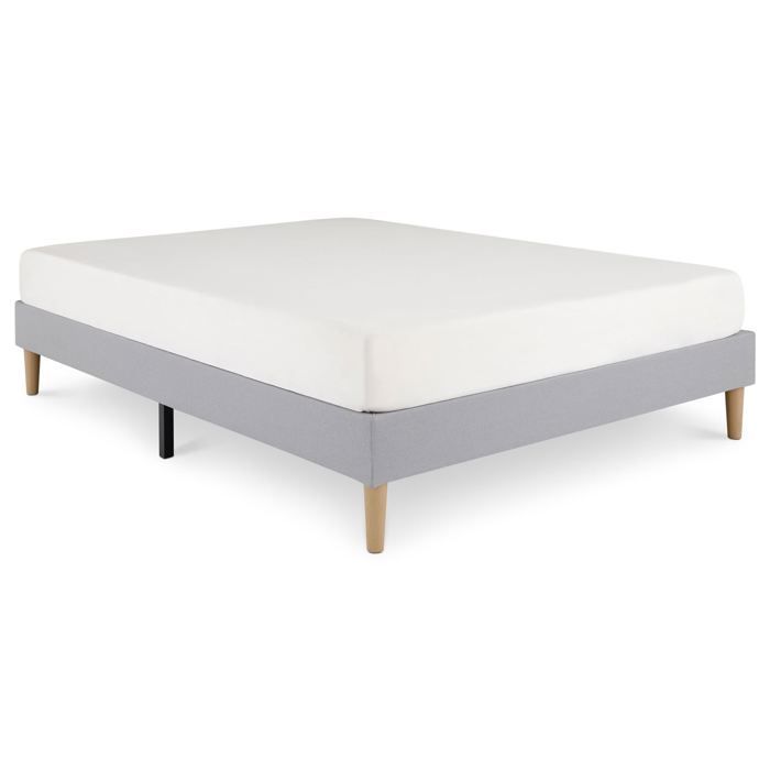 Base de cama tapizada VANNES de 120 x 190 cm, estructura de madera y revestimiento de tela gris, estructura de cama con patas y somier de láminas.
