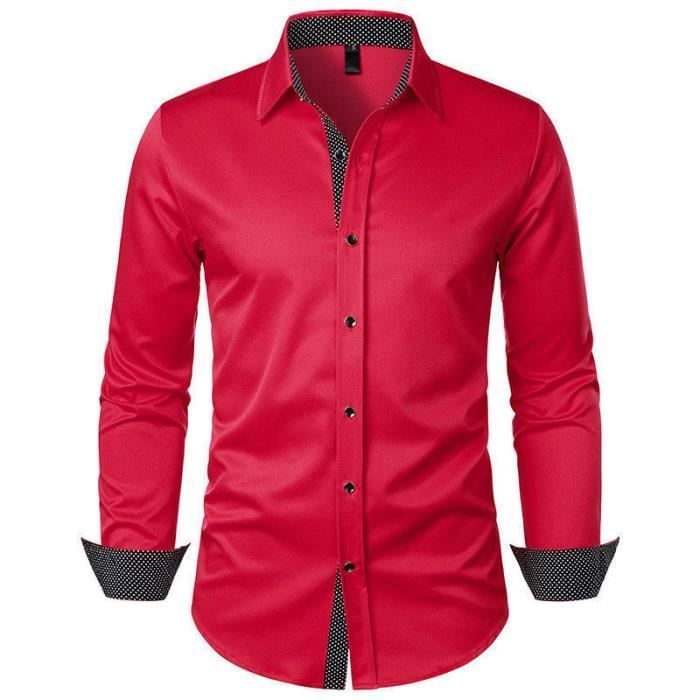 Camicia elegante da uomo, maniche lunghe, vestibilità slim, colletto quadrato a pois a contrasto, comoda - Taglia UE - Rossa