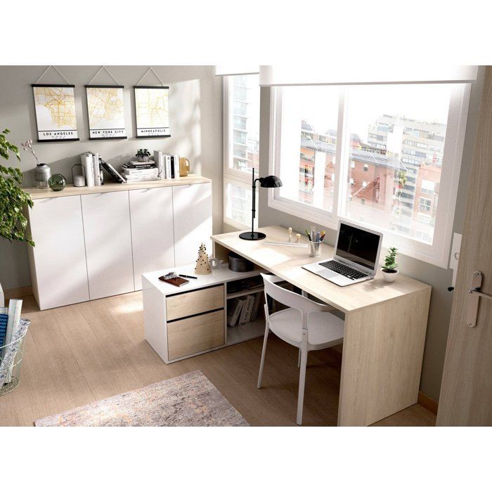 Escritorio Dmora - Andor, 139 x 92 x 75 cm, blanco brillante, roble, panel efecto madera.