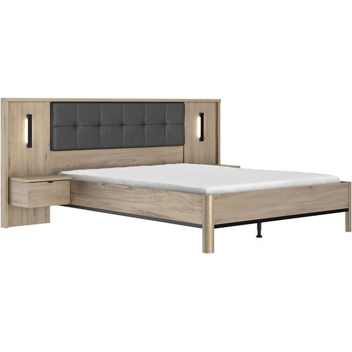 Volwassen bed met nachtkastjes met panelen - MAXIMIN - 160 x 200 cm - Licht Krönberg Eikenhout - GAMI