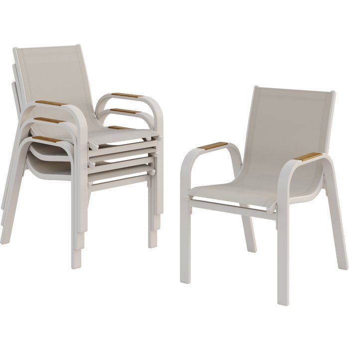Juego de 4 sillas de jardín para comedor - VIANEA – Estructura de aluminio y textilene – Blanco y natural – 52 x 64 x 86 cm