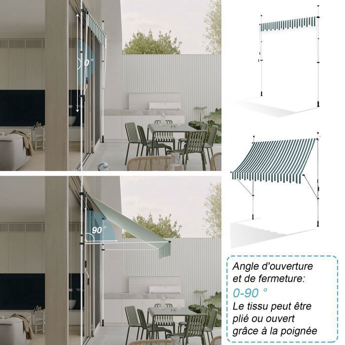 3 meter lange, wit-groen gestreepte, uitschuifbare luifel, handmatig bedienbaar zonnescherm, geen boren nodig, met in hoogte verstelbaar zonnescherm voor terras