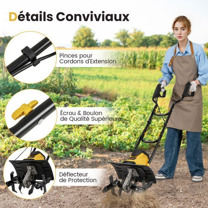 Motobineuse Motoculteur 1200W COSTWAY-Largeur 32cm,Profondeur 22cm-Interrupteur de Sécurité-Capot-4 Fraises-Poignée Pliable-Jaune