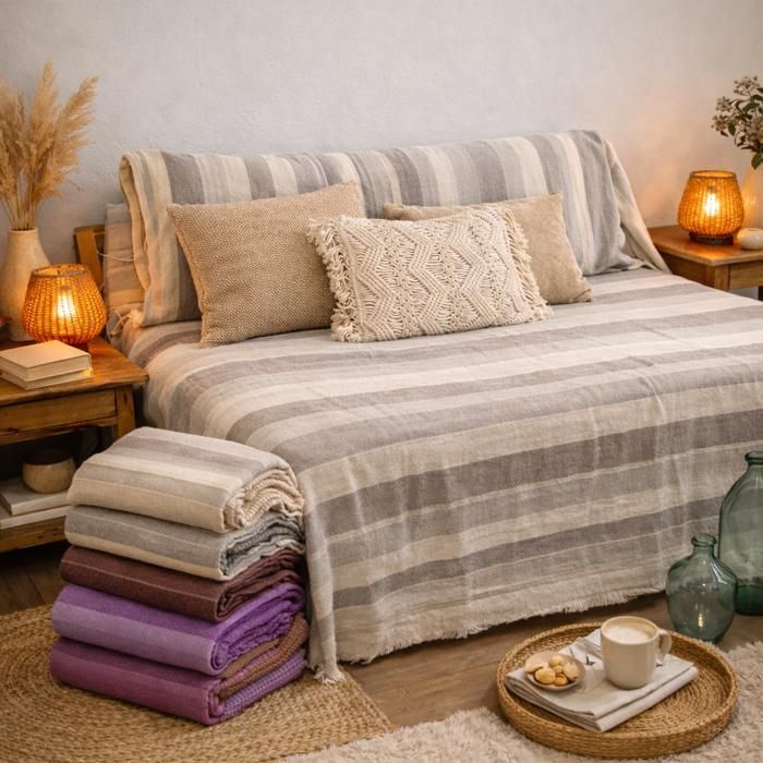 Tendance Perso - Plaid jeté de canapé / jeté de lit tissé - AKOLA - 125x150 cm - Ecru - 100% coton - grand boutis en camaïeu