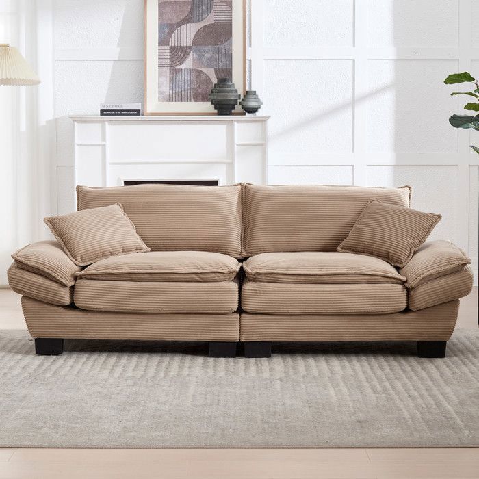 DRIPEX 3-Seater Corduroy Sofa with Pillows, Back Cushions and Armrests, Plastic Feet, Khaki