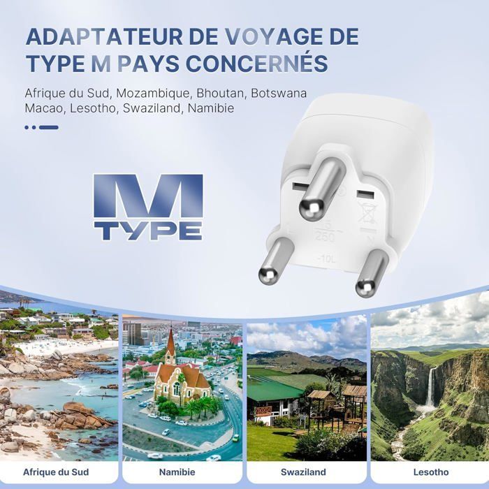 Set di 2 adattatori tipo M, da Francia a Sudafrica, Mozambico, Bhutan, Namibia, Botswana, da viaggio, da 2 a 3 pin.