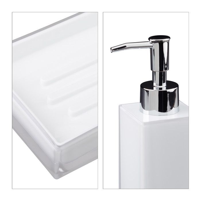 Relaxdays Bathroom Accessories 4-Piece Set: Soap Dispenser, Tumbler, Toothbrush Holder, Plastic Soap Dish, White