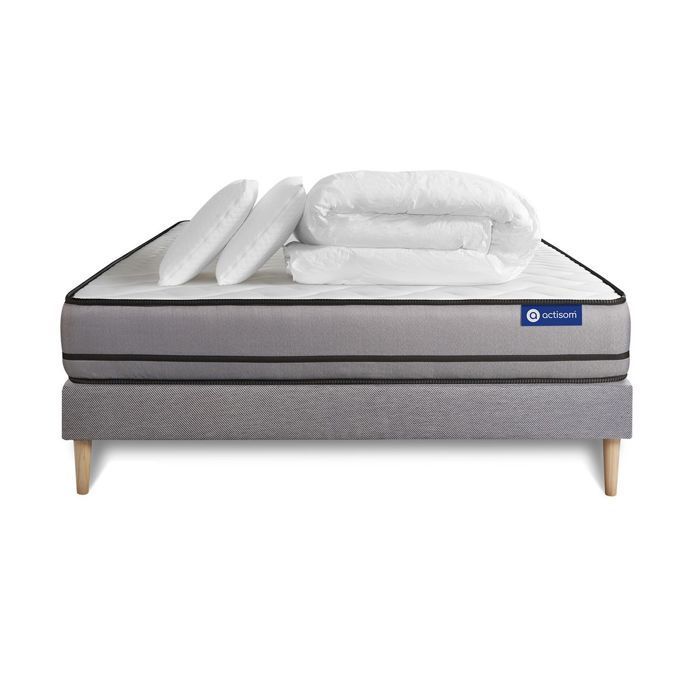 Juego de cama completo de 160x200 cm - Colchón + Base de cama gris (requiere montaje) + 2 almohadas + Edredón - Actilatex Ni