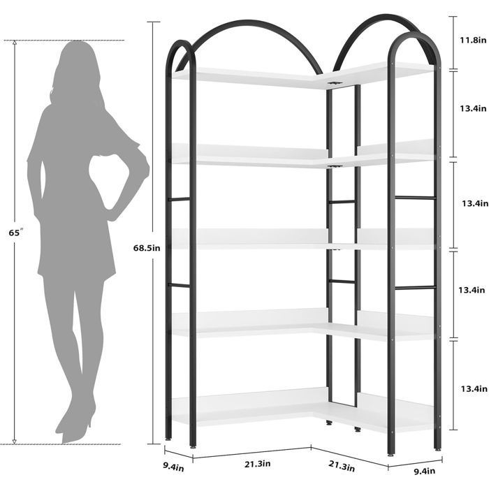 Libreria angolare a 5 ripiani, scaffale angolare in legno e metallo, unità di stoccaggio, scaffale portaoggetti