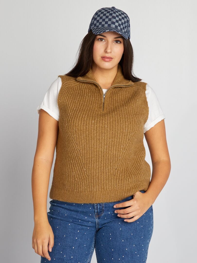 Mouwloze trui met rits - Khaki
