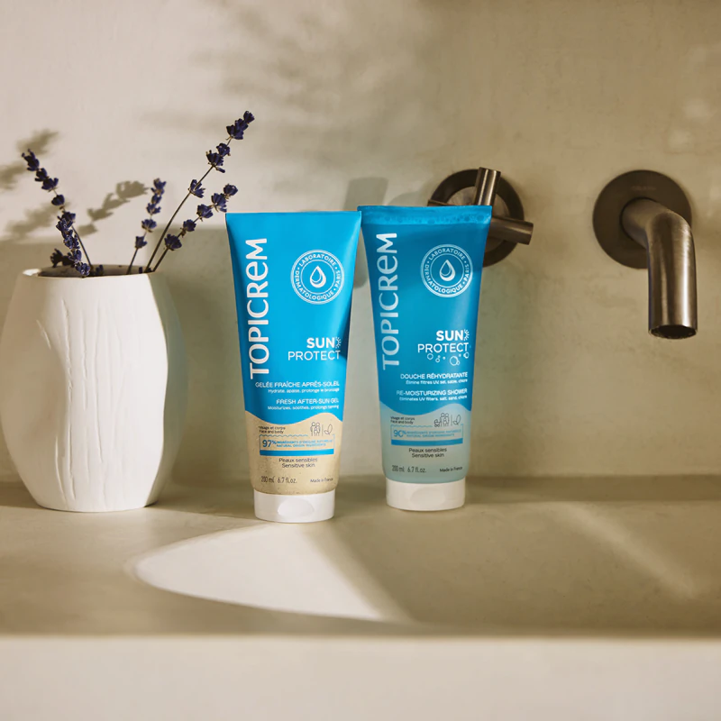 Topicrem Sun Protect Re-Moisturizing Shower, gel de banho hidratante para uso após exposição solar.