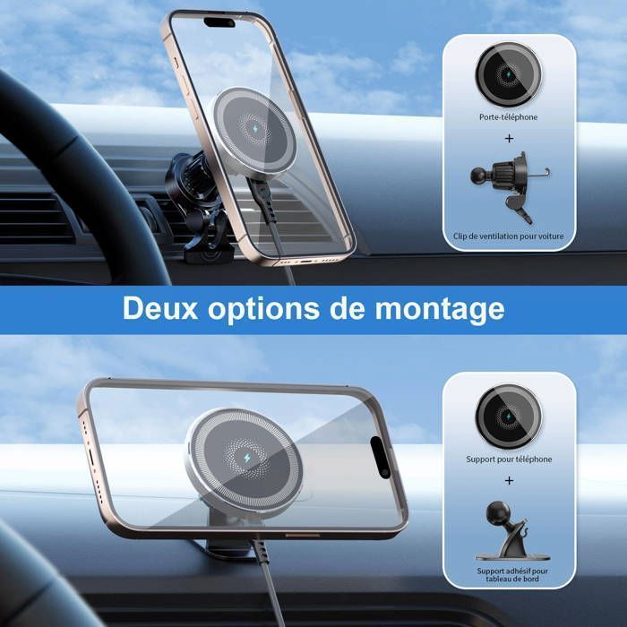 MANKIW Chargeur Magsafe Voiture 15W, Support Telephone Voiture Magnétique, Chargeur Sans Fil , Pour iPhone 17/16/15/14/13/12 Serie