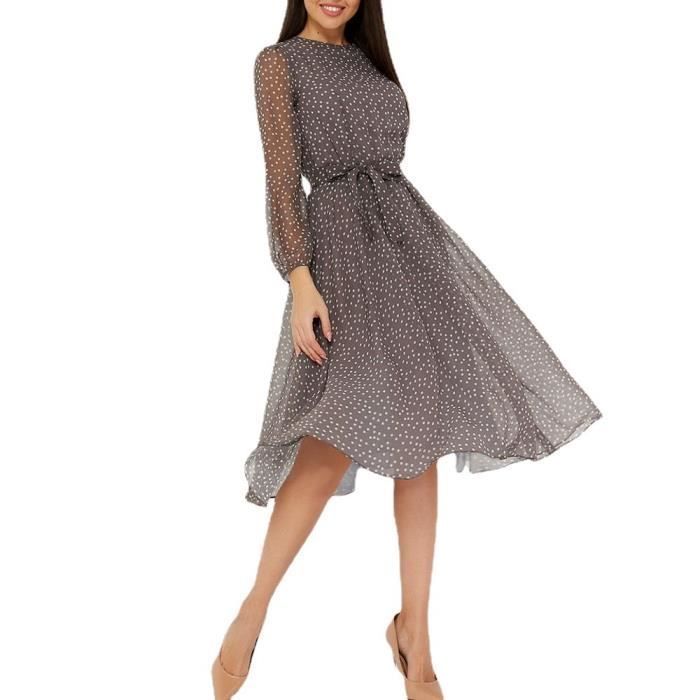 Vestido de gasa de largo midi para mujer, conjunto elegante, estampado de lunares, gris