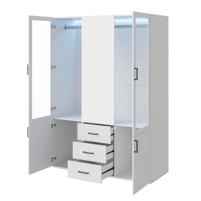 4-Door Wardrobe with LED Lighting and Mirror, Bedroom Closet with Glass Doors, Storage Wardrobe with Hanging Rail and 3 Drawers, White