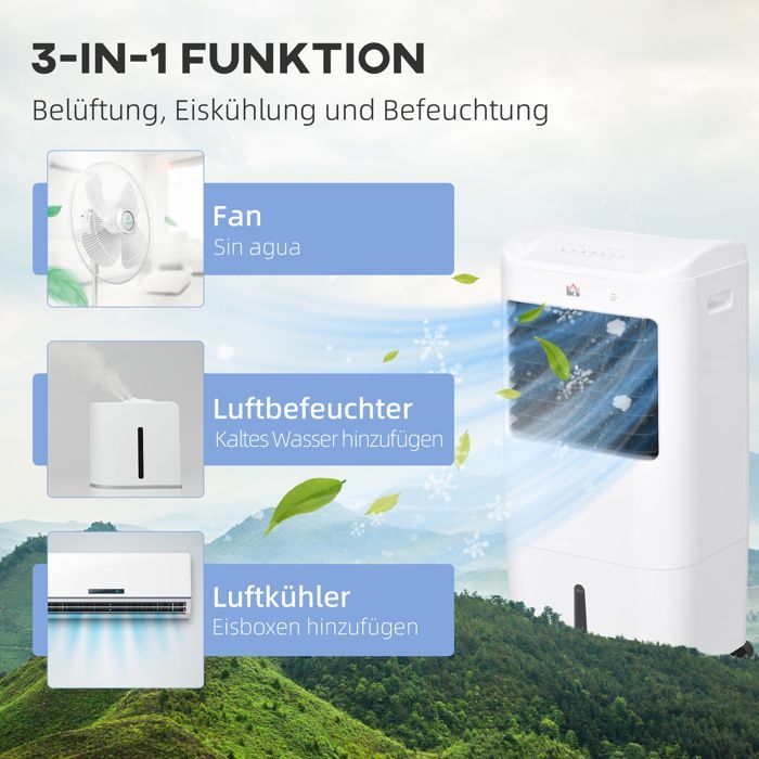 Aire acondicionado portátil 3 en 1 - Refrigeración por agua - 15 L - Oscilación de 60° - Temporizador de 7,5 h - Control remoto
