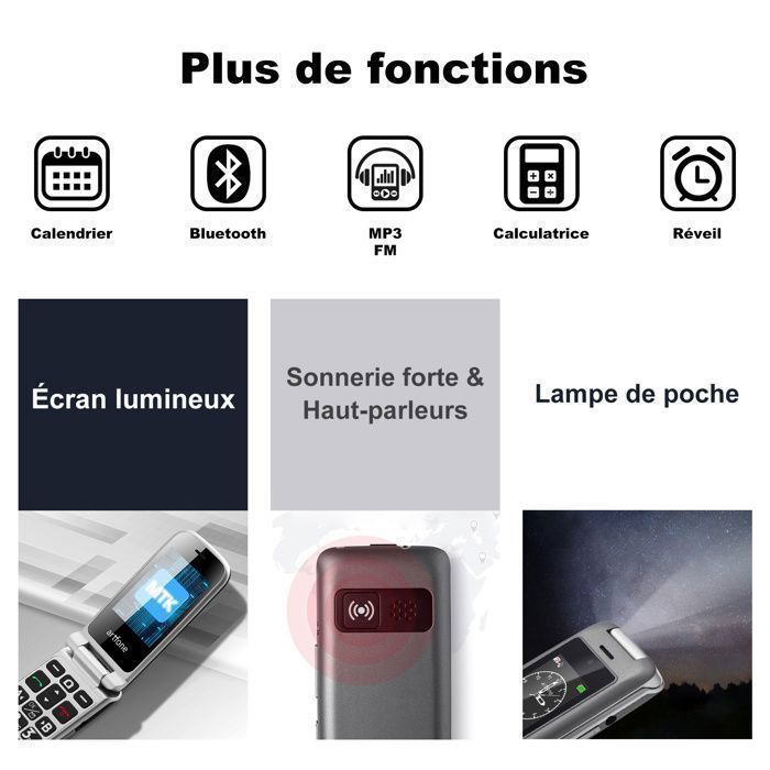 Telefono cellulare Artfone G6 4G a conchiglia per anziani, con tasti grandi, pulsante SOS, radio FM, torcia e batteria da 1200 mAh.