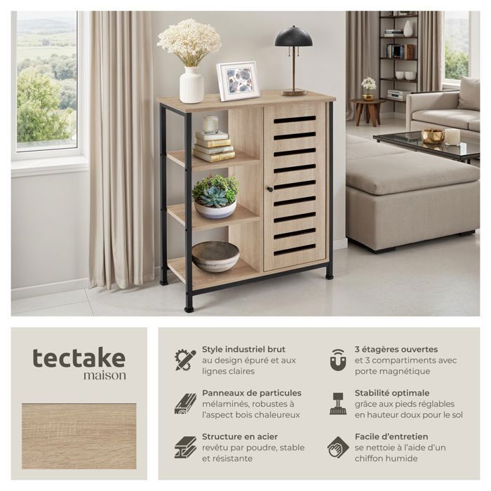 Buffet - TECTAKE - Kitchen buffet in steel and wood with 2 adjustable shelves and magnetic doors 71 x 32 x 82 cm - Light wood