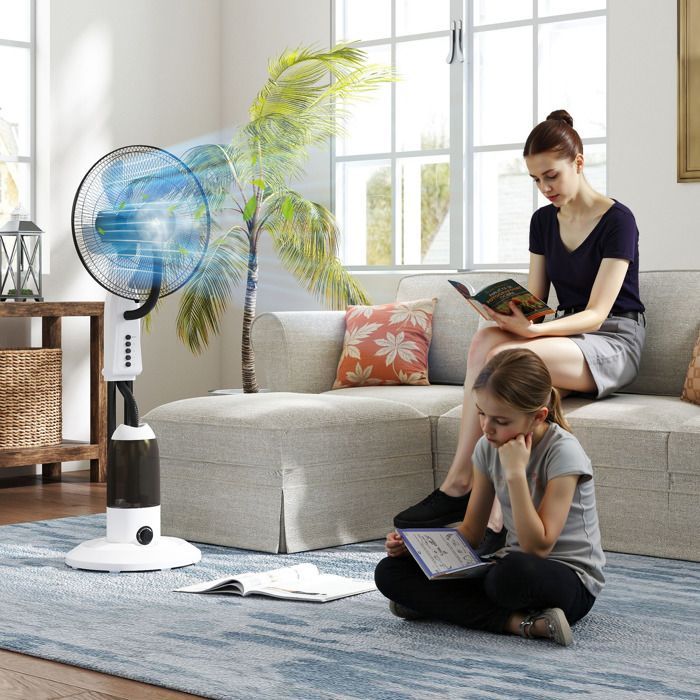 Ventilador nebulizador HOMCOM - 90W - Oscilación de 70°, 3 velocidades, depósito de agua de 2,8L y ruedas - Blanco