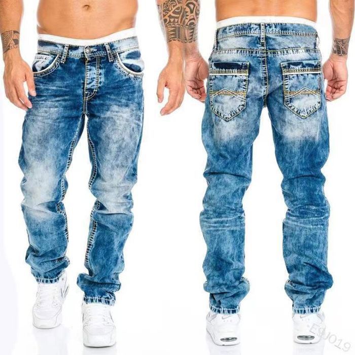 Men's Stretch Denim Jeans - Comfortable and Durable - Urban Hip Hop Style - Straight Fit for Everyday Wear - Sizes S-3XL - Light Blue