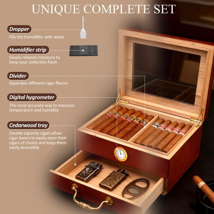Humidor per sigari a doppio strato con cassetto, umidificatore, igrometro, divisorio e divisorio portatile per sigari.