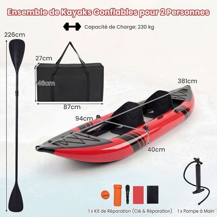 Kayak hinchable COSTWAY para 2 personas, 381x94x40cm - 2 remos de aluminio, 2 aletas desmontables, kit de reparación, bomba manual - 230kg - Rojo