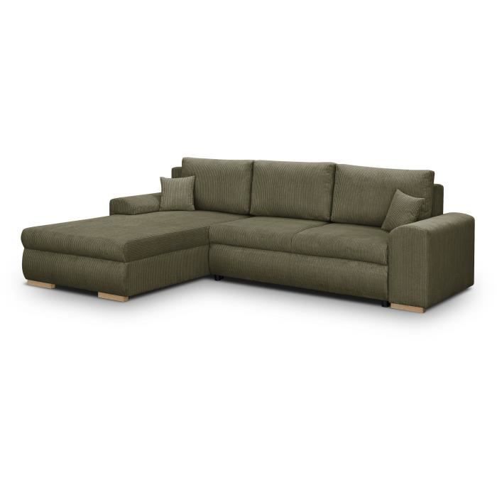 Canapé d'angle convertible - 5 places - INDIAN - Tissu velours côtelé Vert kaki - Coffre de rangement - 289 x 94/188 x 88 cm