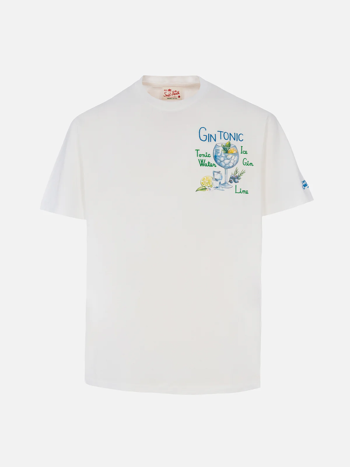 Wit katoenen T-shirt met ronde hals voor heren | Gin Tonic print en borduurwerk | Klassieke pasvorm | Lichtgewicht en comfortabel | Geborduurd logo | MC2 Saint Barth