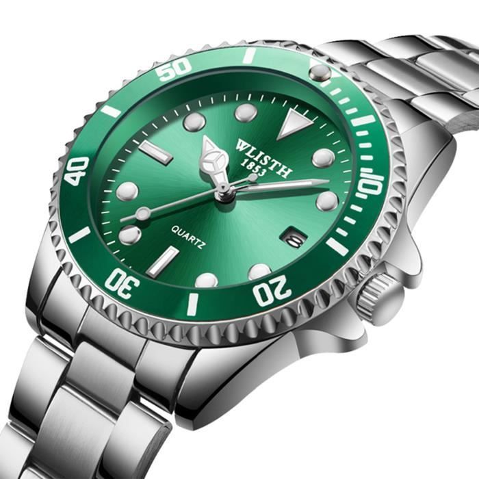 SHARPHY Men's Quartz Watch with Luminous Calendar, Multifunction, Steel Bracelet, Waterproof, Silver/Green, Gift
